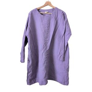 Linenbee Purple Linen Tunic Dress Oversized Pockets Lagenlook Natural Cottage OS